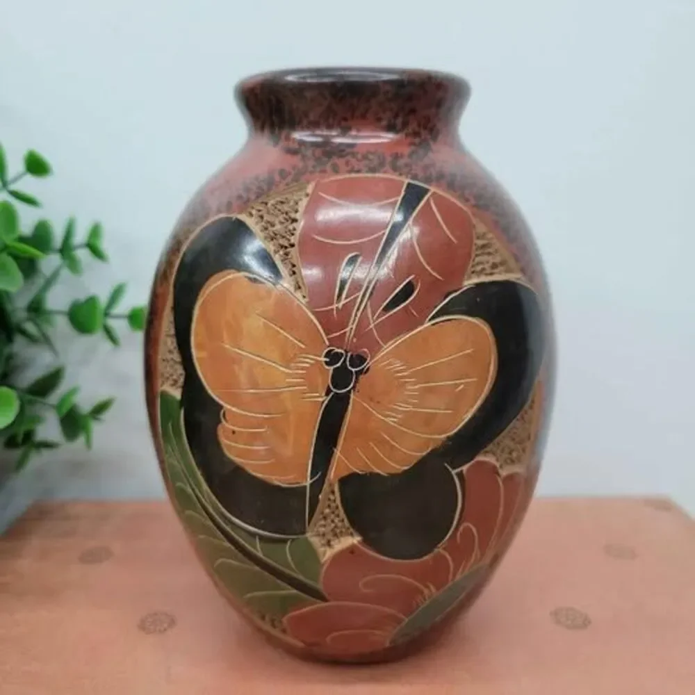 Handmade Nicaraguan Clay Vase with Butterfly Monkey & Turtle Folk Art Pottery